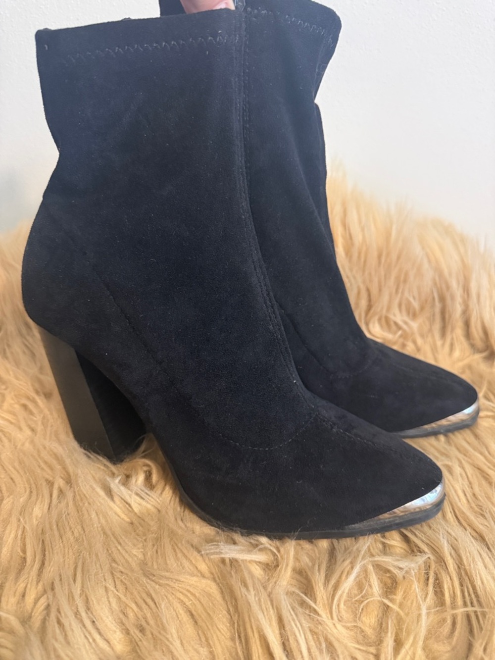 Forever21 black Suede Pointed Toe Ankle Boots with Silver Toe Cap